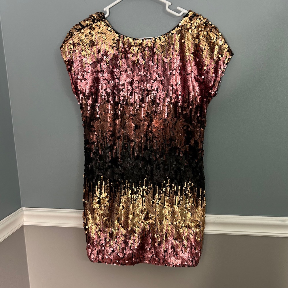 Tobi Ombre Sequin Mini Dress Gold Rose Gold Black Low Back Small‎